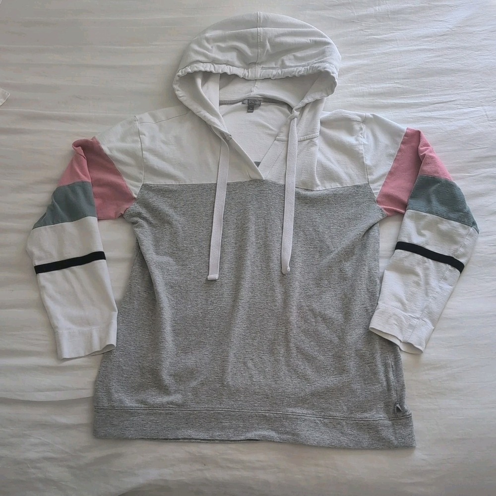 T by Talbots Hoodie Women's Med 95% Cotton White Gray Pink Long Sleeve Lightwght - Picture 10 of 10